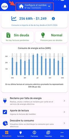 imagen de la pantalla principal de la App UTE Clientes, donde se señala donde se encuentra el selector de cuentas