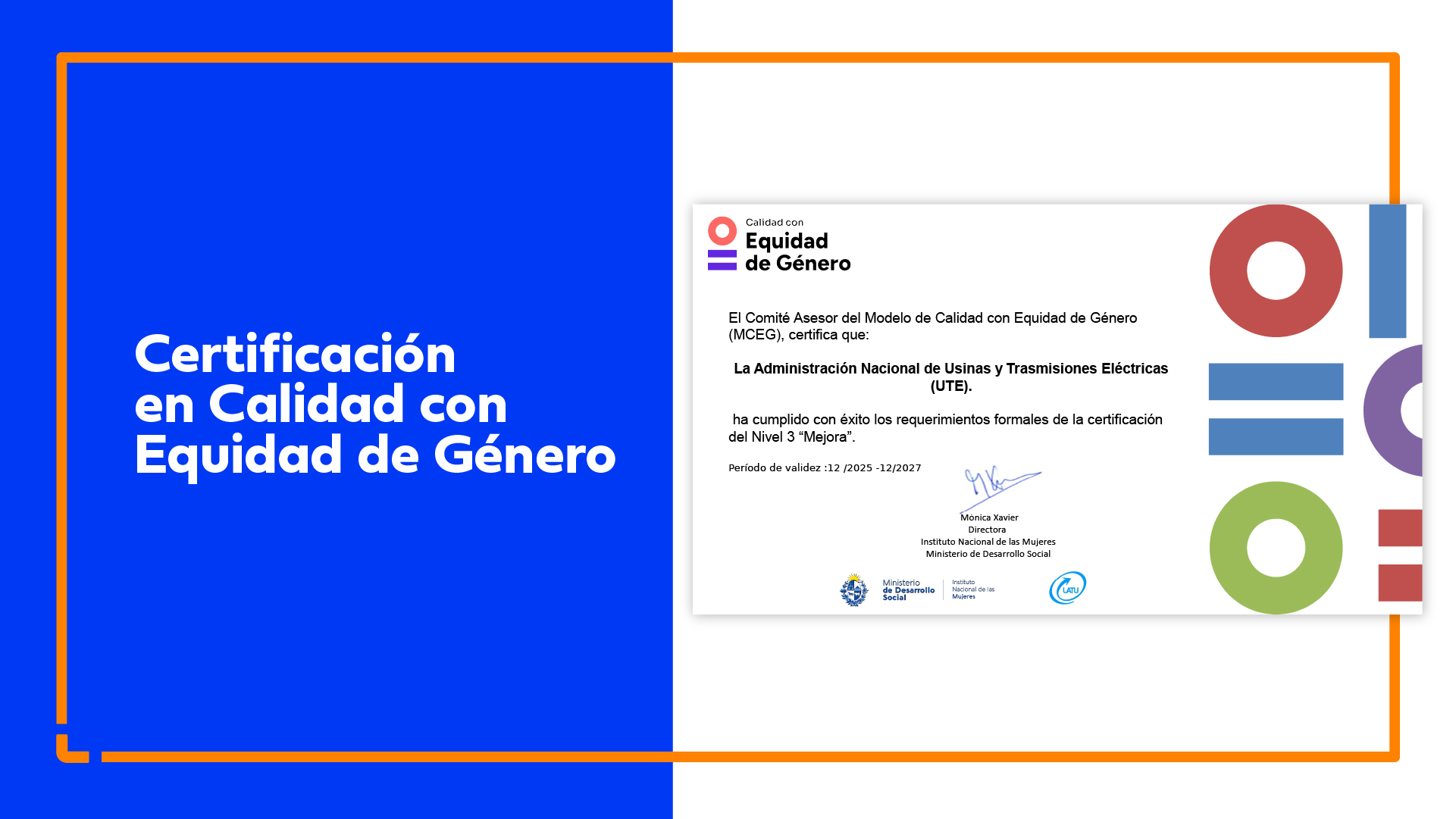 UTE: primera empresa del país certificada con el Nivel 3 del Modelo de Calidad con Equidad de Género