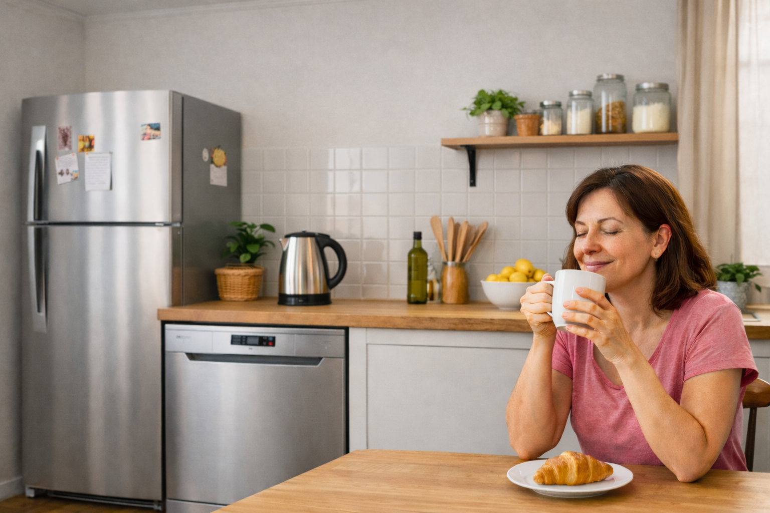 Imagen de mujer disfrutando sus electrodomésticos en la cocina