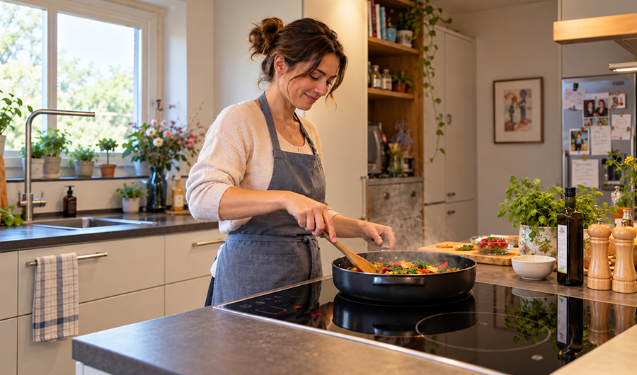Mujer cocina en un anafe de inducción