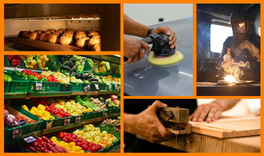 Collage de imagenes con diferentes tipos de pymes: Panadería, Herrería, Frutería, Carpintería y Taller Mecánico