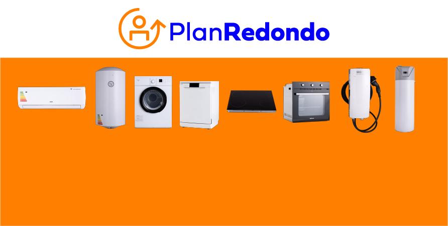 Imagen del Plan Redondo de UTE. En primer plano, se muestran electrodomésticos eficientes sobre fondo naranja. En la parte superior, el logo del Plan Redondo.