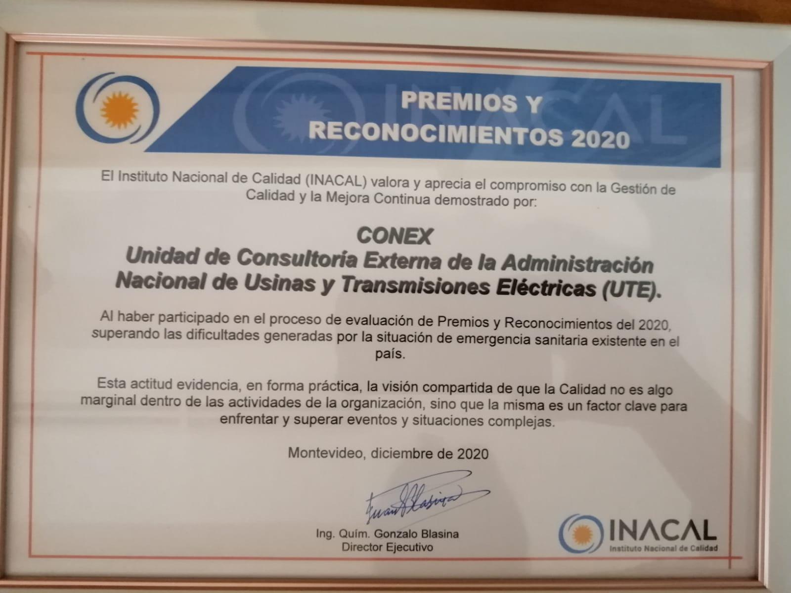 Diploma otorgado a CONEX que da cuenta de su compromiso con la Callidad