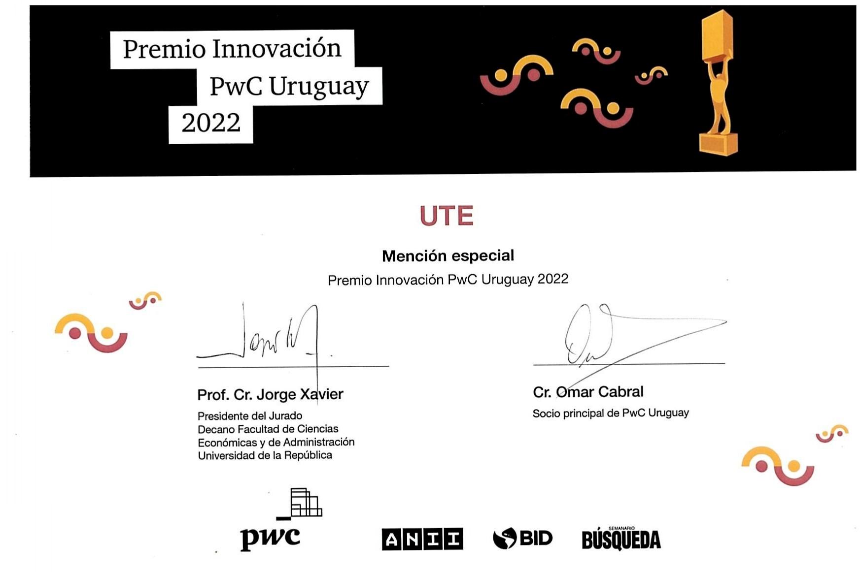 Testimonio del reconocimiento recibido por UTE